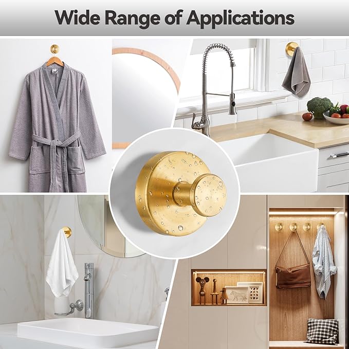 4 PCS Suction Cup Hooks for Shower, Stainless Steel No Drill Suction Towel Hooks, Reusable Sticky Silicone Suction Cup Base for Bathroom Wall, Glass, Mirror, Tile to Hang Loofahs, Robes (Gold)