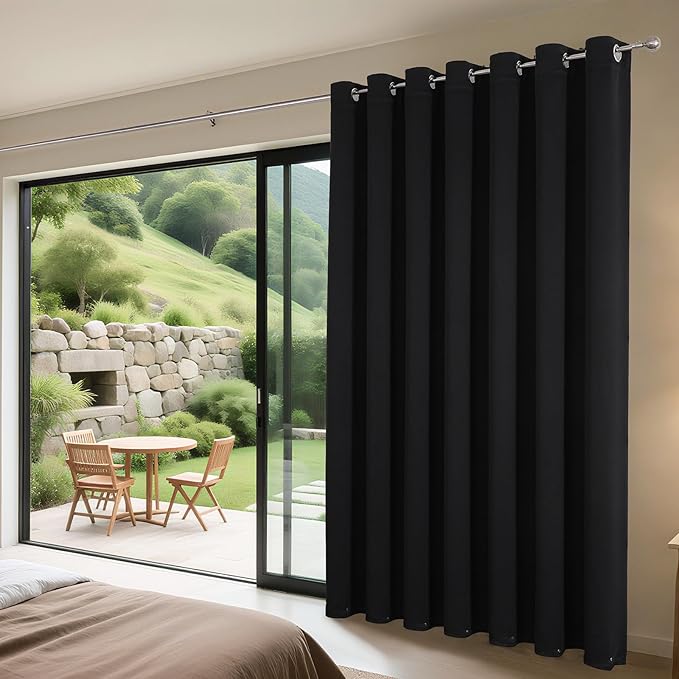 Joydeco Blackout Patio Sliding Door Curtains 108 Inches Long, Grommet Privacy Room Divider Curtains, Extra Wide Thermal Blackout Drapes for Bedroom Living Room (Black, 100Wx108L, 1 Panel)