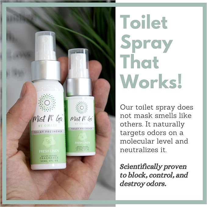 Mist N' Go by Omaze Travel Bathroom Spray - Toilet Odor Eliminator & Air Freshener - Fresh Linen (1oz x2)
