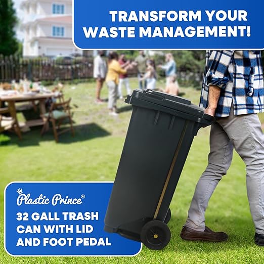 32 Gallon Step-On Large Outdoor Trash Can with Lid and Wheels - Outside Plastic Rolling Garbage Can - Rollout Commercial Heavy-Duty Container Barrel, Gray
