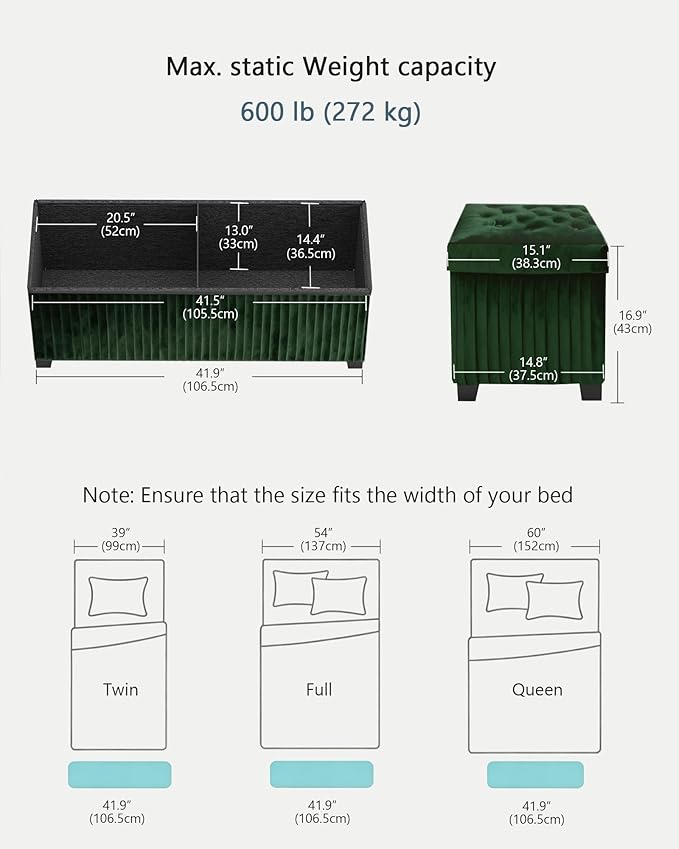 Storage Ottoman Bench, 43 Inch Foldable Ottoman with Legs, Velvet Foot Rest Stool, End of Bed Bench, Storage Chest for Living Room, Bedroom (Green)