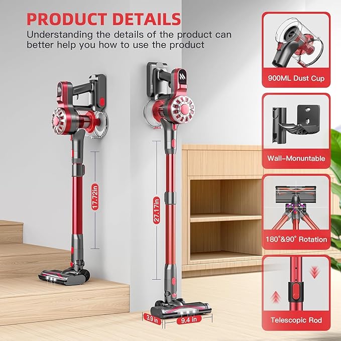 Cordless Vacuum Cleaner,Vacuum Cleaners for Home with Super Suction,Lightweight Stick Vacuum with 35 Mins Runtime,Rechargeable Cordless Vacuum for Carpet, Tile, Pet Hair, Hardwood Floors(Red)