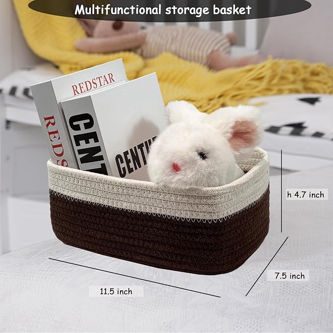 COMFY HOMI 11.5"x7.5"x4.7" Storage Baskets for Organizing | Cotton Rope Woven Basket | Toy Storage Bin Box | Basket for Shelves, Closet Organizer Bin, Decorative Closet Shelf, 3 Pack, dark brown/white