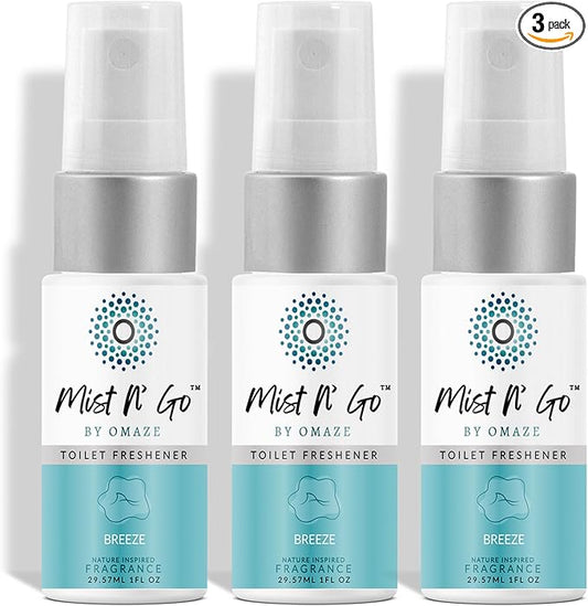 Mist N’ Go by Omaze Travel Bathroom Spray for Toilet Spray Odor Eliminator - Travel Toilet Spray for Bathroom Air Freshener Spray for Bathroom Deodorizer - Breeze Travel Size (1oz x3)