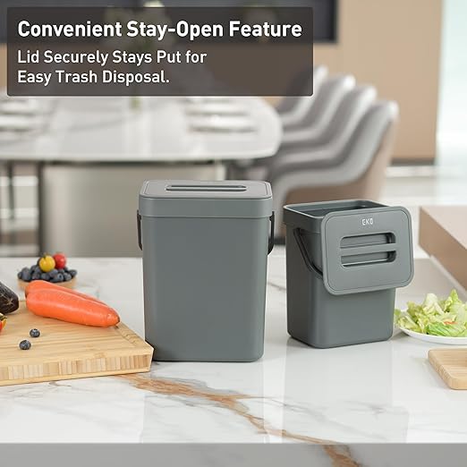 EKO Puro Mini Wall-Mounted Kitchen Trash Can with Lid, Food Waste Caddy, 1.32 Gall / 5L (Grey)