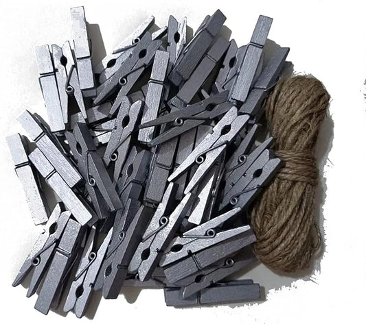 1.8 Inch Silver Wooden Clothespins Hold Picture Photo Clothesline Pins Hanging Christmas Cards with Jute Twine Pack 50