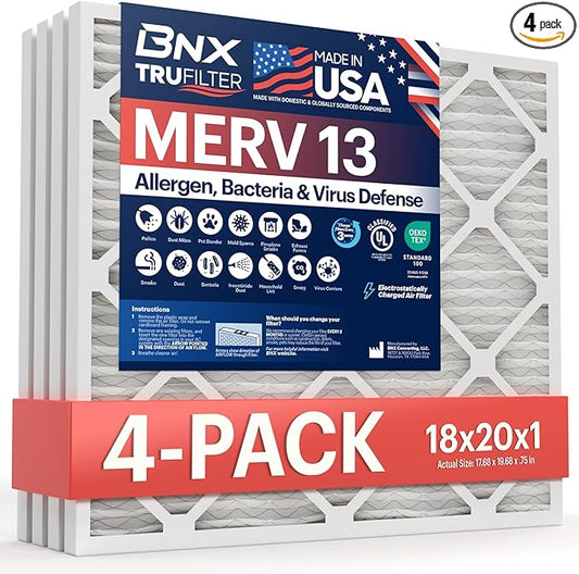 BNX TruFilter 18x20x1 Air Filter MERV 13 (4-Pack) - MADE IN USA - Electrostatic Pleated Air Conditioner HVAC AC Furnace Filters for Allergies, Pollen, Mold, Bacteria, Smoke, Allergen, MPR 1900 FPR 10