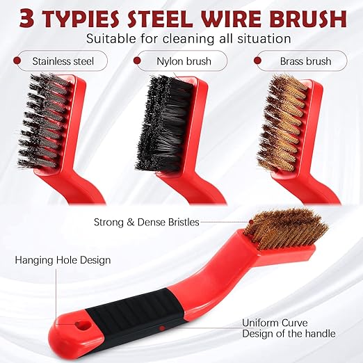 Sumind Wire Cleaning Brush Set Nylon/ Stainless Steel/ Brass Metal Brush with Curved Handle Grip Paint Remover for Cleaning, Rust, Drill, Scrub, Grout Cleaner Tool (15 Pcs,Red and Black)