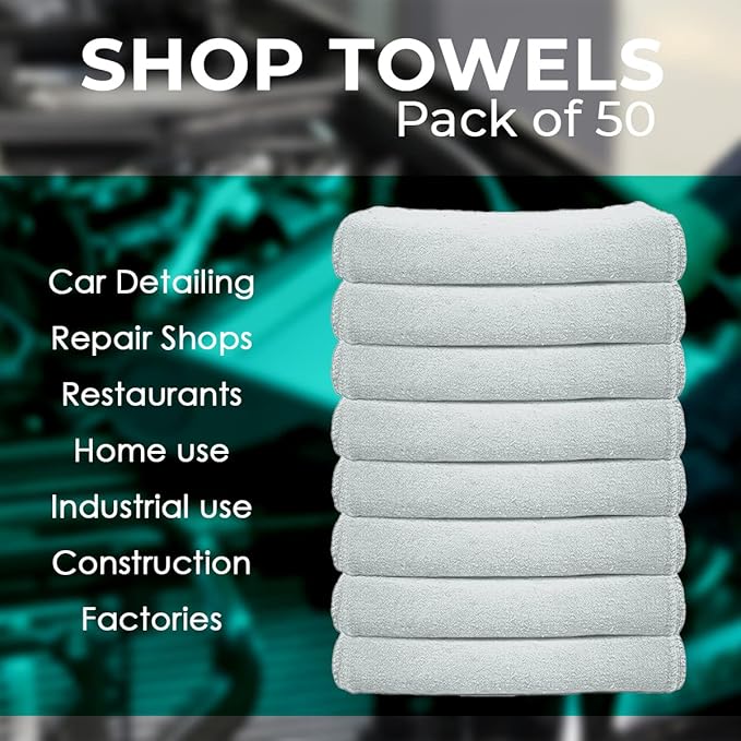 Avalon Towels Cotton Shop Rags – (Pack of 50) Size 12x14 Inches Cleaning Rags – Absorbent Shop Towels and Multipurpose Cleaning Towels for Automobiles, Industries, Garage and Homes (Grey)