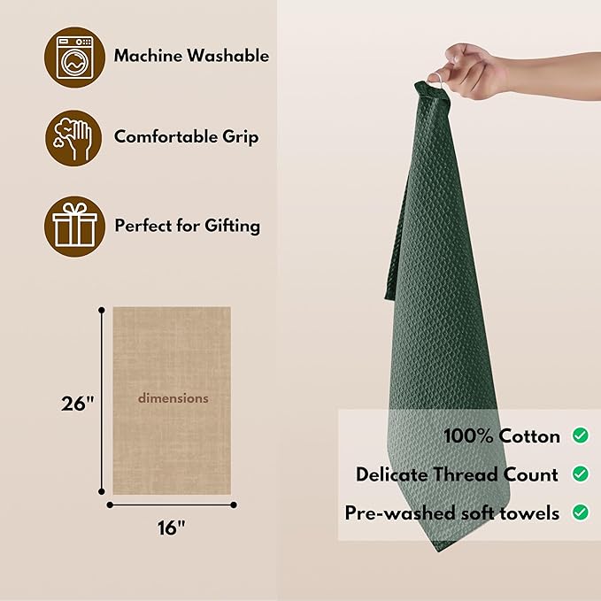 Native Fab Cotton Kitchen Towel with Hanging Loop 16x26 inches, 6-Pack, Waffle Weave Kitchen Towels for Cleaning Drying, Washcloths Soft & Absorbent Cloth Rags, Bar Towel, Dish Cloth, Olive Green