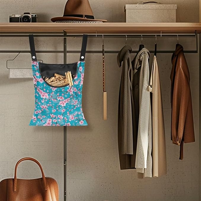 Cherry Blossom Clothespin Pouch with Hanging Hook - Waterproof Clothespin Storage for Outdoor Use