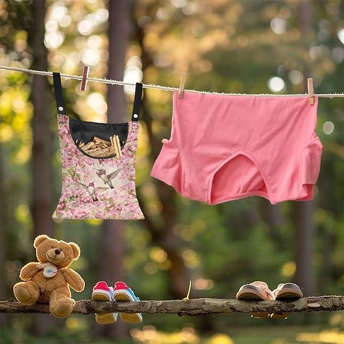 Hummingbird and Cherry Blossom Clothes Pin Hanging Bag, Clothes Pin Hanging Bag Space-Saving Organize Clothespin Bag Large Capacity Clothespin Bag with A Large Opening for Clothesline Outdoor