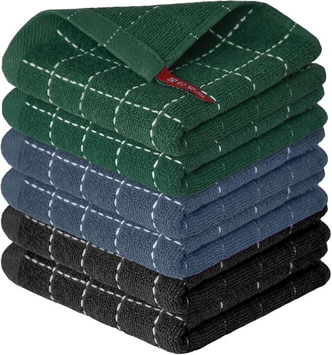 Artoid Mode Checkered Designed Cotton Grey Black Green Terry Kitchen Dish Cloths, 12x12 Inch Soft Absorbent Quick Drying Kitchen Rags Set of 6