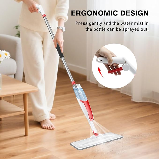 nacena Spray Mop for Floor Cleaning, Dust Mop with 420 ml Refillable Bottle and 3 Pcs Washable Pads Dry Wet Floor Mop for Household or Commercial Use for Hardwood Laminate Tile Ceramic, Red&White