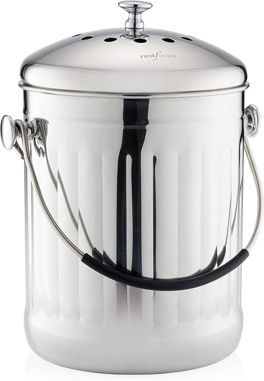 RED FACTOR Premium Compost Bin for Kitchen Countertop - Stainless Steel Food Waste Bucket with Innovative Dual Filter Technology - Includes Spare Filters (Brilliant Steel, 1.3 Gallon)