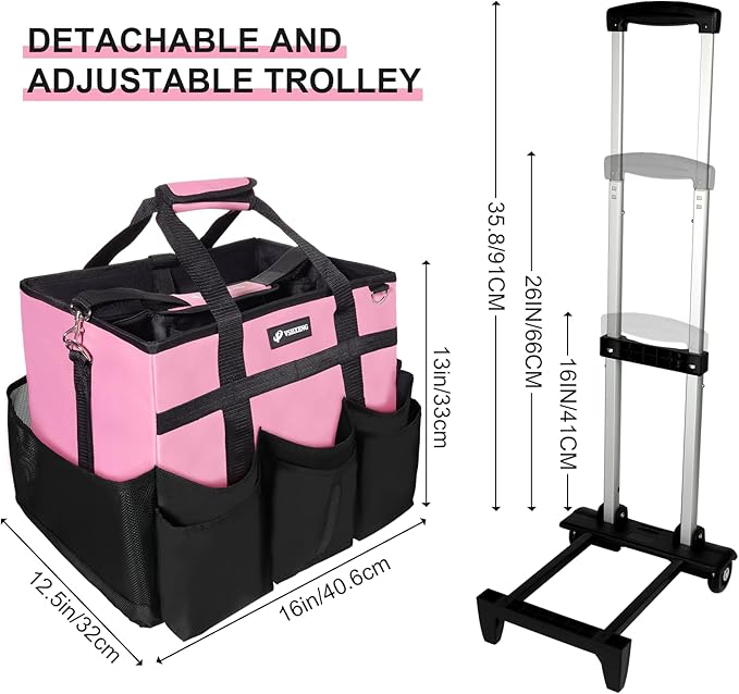 Large Rolling Cleaning Caddy Bag with Wheels, with Detachable Trolley, Cleaning Bags on Wheels for Housekeepers, Cleaning Cart Supplies Organizer for Home, Car, Picnic (Pink)