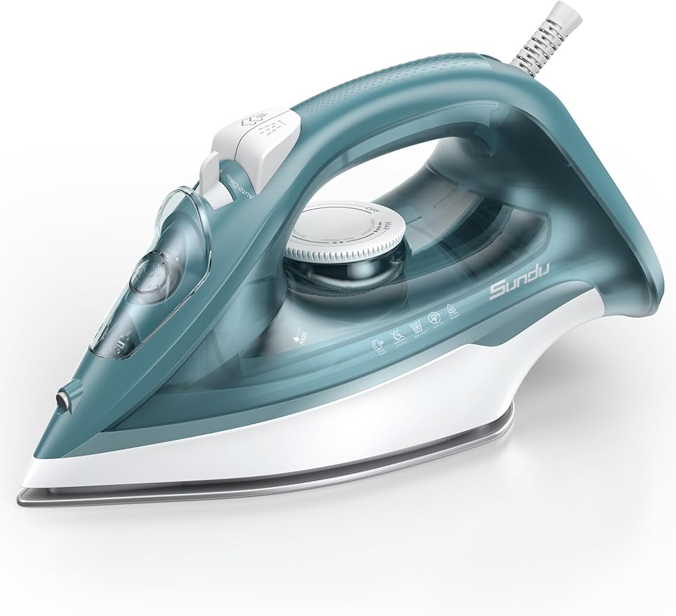 Sundu 1500W Steam Iron for Clothes, Ceramic Nonstick Soleplate for Fast Smooth Gliding, Self Clean, Auto Shut Off, 11.8oz Large Water Tank, Lightweight for Home & Travel Use, Green