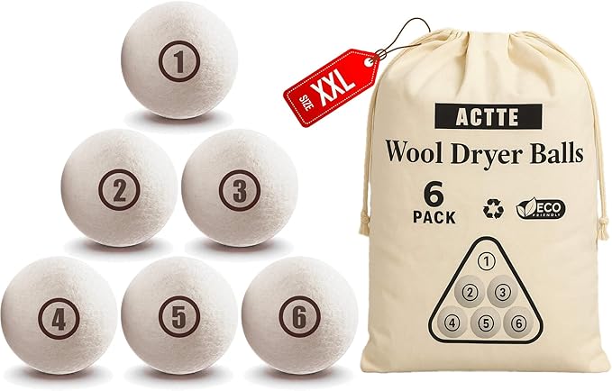 Sheep Wool Dryer Balls 6 Pack XXL(3.1") Premium Natural Fabric Softener, Reusable Laundry Dryer Balls for Reducing Drying Time, Static and Wrinkles, Eco-Friendly – 100% New Zealand Wool