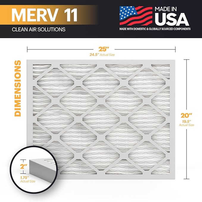 BNX TruFilter 20x25x2 Air Filter MERV 11 (4-Pack) - MADE IN USA - Allergen Defense Electrostatic Pleated Air Conditioner HVAC AC Furnace Filters for Allergies, Dust, Pet, Smoke, Allergy MPR 1200 FPR 7