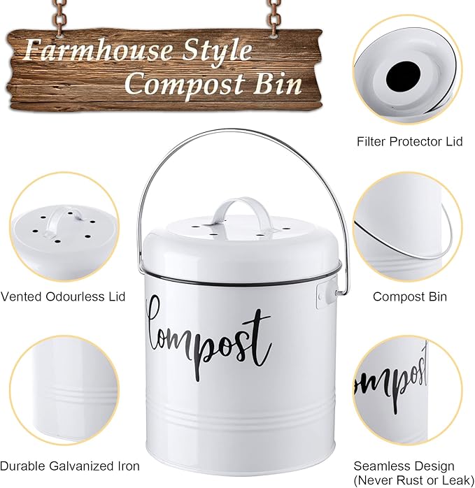Compost Bin Kitchen, 1.3 Gallon Farmhouse Kitchen Compost Bin Countertop, Indoor Countertop Compost Bucket with Lid and Charcoal Filters, White