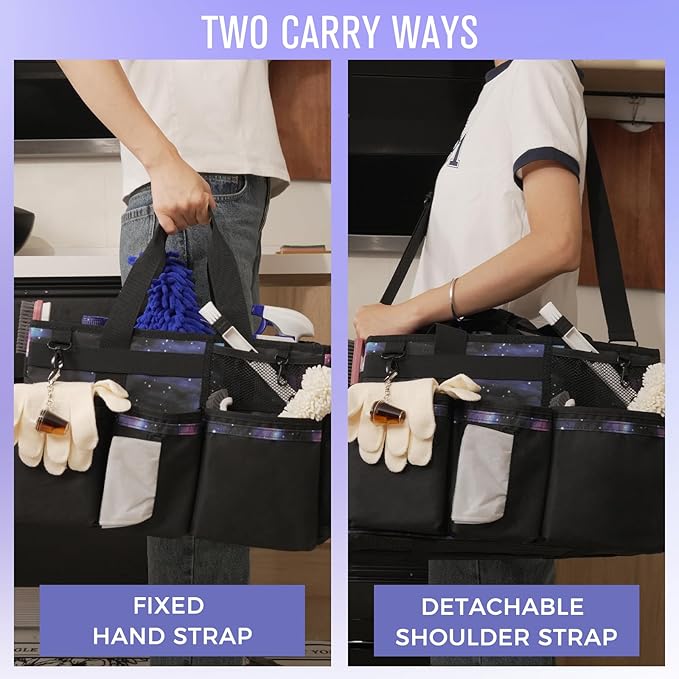 Wearable Cleaning Caddy, Cleaning Caddy Supplies Organizer with Handle & Shoulder Straps for Housekeepers, Under Sink & Car Cleaning Tool Organizers Bag with 4 Foldable Divider (StarrySky)