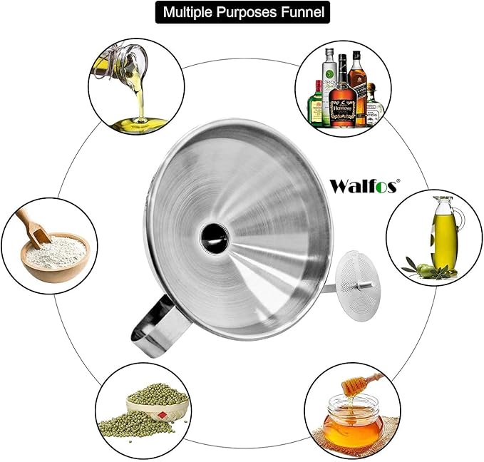 Large Stainless Steel Funnel, Walfos Kitchen Funnel with 2 Removable Strainer ＆ 1Pc Cleaning Brush, Perfect for Transferring of Liquid, Oils, Jam, Dry Ingredients & Powder (Big, 5.7")