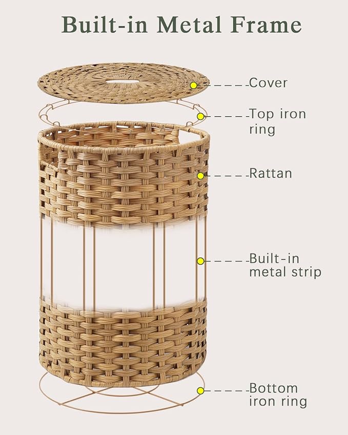 Laundry Basket with Lid Round Rattan Laundry Hamper with Lid and Handles 29.1 Gal (110 L) Handwoven Woven Basket with Removable Bags and 2 Mesh Bags for Bathroom Living Room Natural
