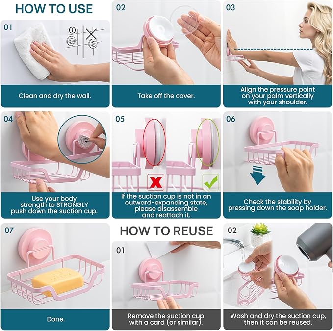 TAILI Soap Holder Bar Dish Suction Cup, Bar Shampoo Rack for Shower Wall, Draining Soap Saver Tray for Bathroom, Rustproof Stainless Steel Sponge Holder for Tub, Kitchen, Drill-Free, Pink