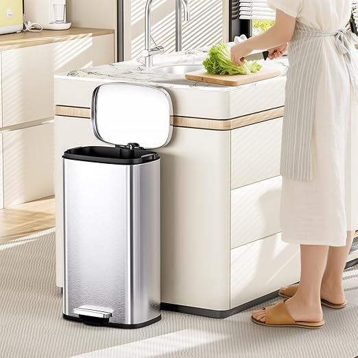 AthLike Trash Can, Stainless Steel Kitchen Garbage Can, Step Waste Bin with Hinged Lid and Removable Inner Bucket, Soft-Close, Dustbin for Bathroom Bedroom Living Room Home (Silver, 13.2 Gal)