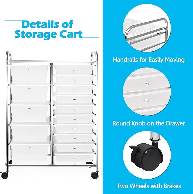 GOFLAME 15-Drawer Rolling Storage Cart, Multipurpose Movable Organizer, Utility Cart for Home, Office, School, Clear