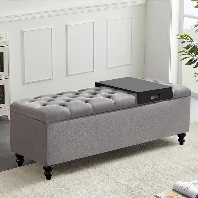 Storage Ottoman 50.2 Inches Upholstered Fabric Storage Ottoman Bench，Button Tufted Ottoman with Storage for Living Room，Bedroom End of Bed Bench Withstands 301lbs(Grey-TP)