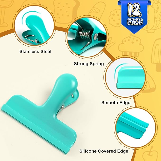 HOUSE AGAIN Chip Clips, 12 Pack Stainless Steel Chip Bag Clips Covered with Silicone, NO More Sharp Edges, Bag Clip for Food Packages, Heavy Duty for Kitchen and Office, Green