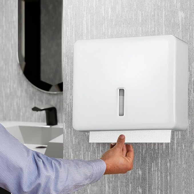 Multifold Paper Towel Dispenser Wall Mount (White) – Large Capacity C-Fold, Trifold, and Folded Commercial Hand Towels Holder for Bathroom & Restroom – Adhesive or Screw Mounted