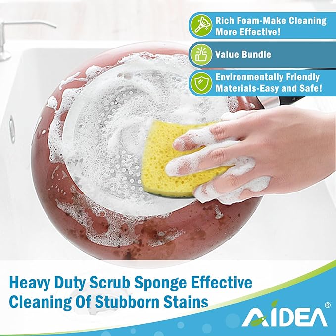 AIDEA Sponges Kitchen, Heavy Duty Scrub Sponge, 6Count, Sponges for Dishes, Cellulose Kitchen Sponge, Scrubbing Power for Tough Messes, Cleaning Power for Non Coated Cookware, Dishes, Pots, Pans