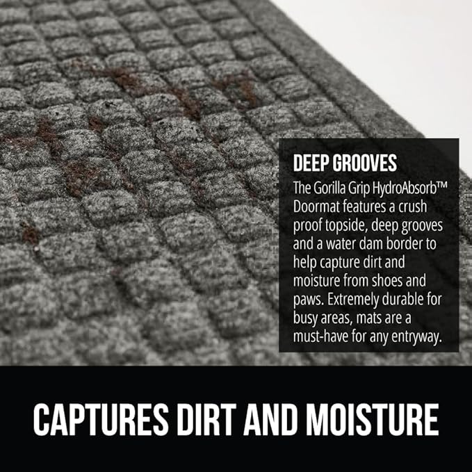 GORILLA GRIP Front Door Mat, 72x24, Indoor Outdoor Ultra Absorbent HydroAbsorb Doormat, Absorbs Up to 2.75 Cups of Water, Stain and Fade Resistant, Rubber Backing Doormats, Captures Dirt, Gray