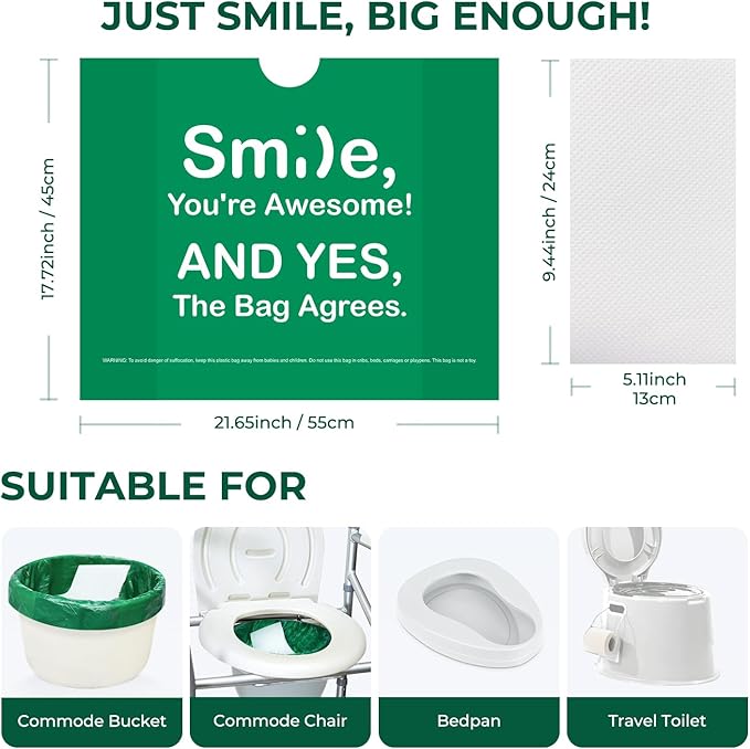 Commode Liners with Absorbent Pads, 60Pack Tear-Free Leak-Proof Bedside Commode Liners, Universal Disposable Commode/Bed Pan Liners for Bedside Commode, Standard Toilet, Chair Bucket(60Bags+60Pads)