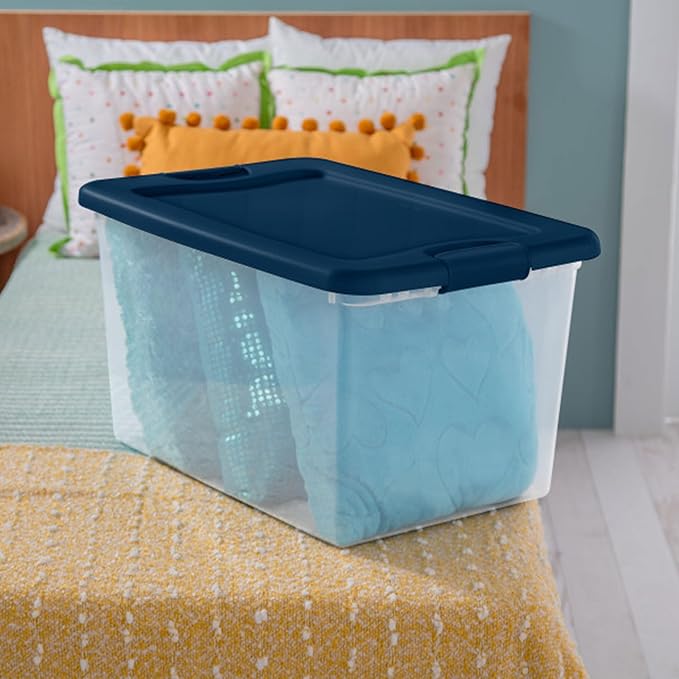 Sterilite 24-Pack Color Program, Large Clear Plastic Storage Bins with Lids, 64 Quart, Blue - Stackable Organizing Container Boxes for Closet, Bathroom, and Office