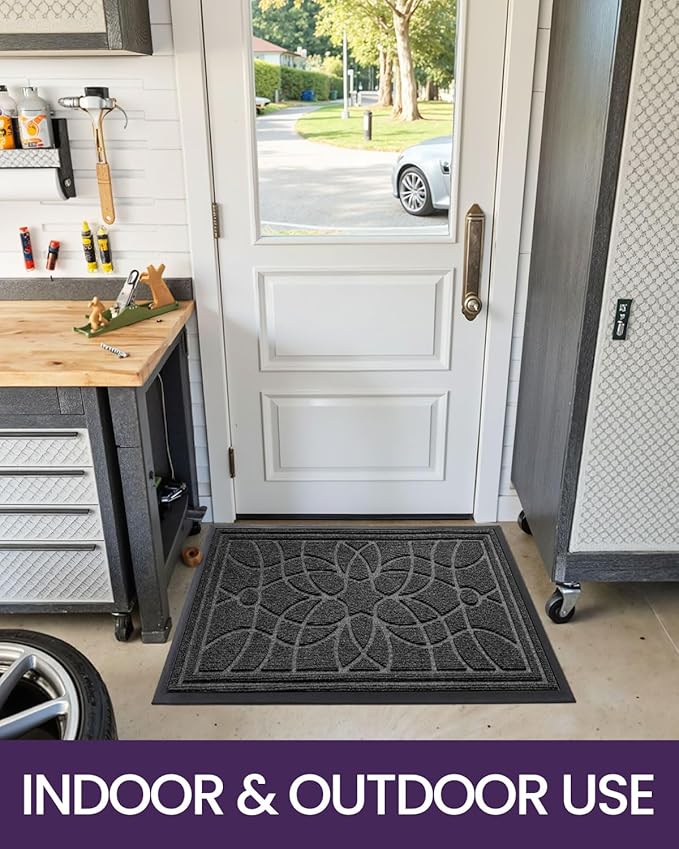 DEXI Front Door Mat Outside Entrance, Heavy Duty Non Slip Low Profile Doormat for Entryway, Trap Dirt and Moisture Welcome Mats, Easy Clean, Patio, Garage, 17x29, Grey