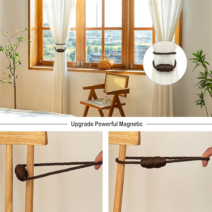 Magnetic Curtain Tiebacks Rope Curtain Tie Backs for Curtains 2 Pack Curtain Holders for Drapes Decorative Window Curtain Holdbacks, Coffee