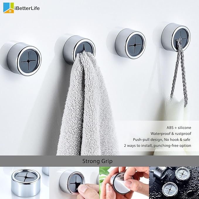 iBetterLife Adhesive Kitchen Towel Hooks - 4 Pack Dish Towel Holder for Cabinet, Push Hand Towel Hook, Dish Cloth Rag Holder for Home Bathrooms, Kitchens, Garages, RV, Within Easy Reach, Matte White