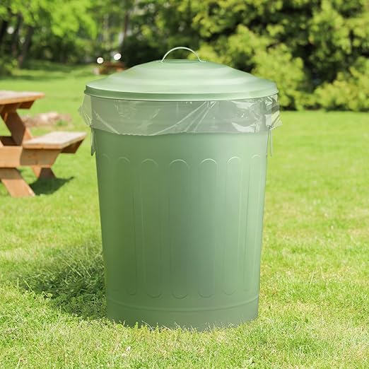 Plexon Round Trash Can 13 Gallon, Vintage Metal Outdoor Trash Can with Lid, Retro Farmhouse Garbage Container, Old School Modern Ash Bucket, Green 2 Pack