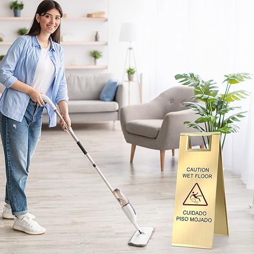 Kigley 2 Pcs Wet Floor Sign, 24 Inch Stainless Steel Caution Wet Floor Sign Double Sided Portable Foldable Bilingual Safety Warning for Hotel Market Restroom Restaurant Office (Gold)