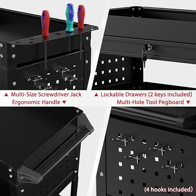 3 Tier Rolling Tool Cart on Wheels, Heavy Duty Service Cart Industrial Utility Cart with Drawer and Screwdriver Rack Pegboard, 550 LBS Mobile Tool Storage Organizer for Garage, Workshop(Black)