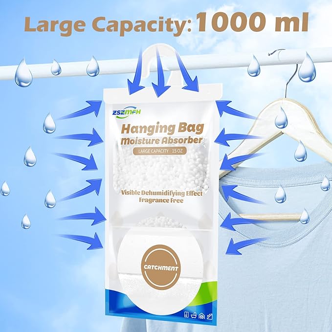 ZSZMFH 10 Pack Moisture Absorber Hanging Bags, Fragrance Free Humidity Packs, 15 OZ Dehumidifier Bags Effectively Trap Extra Moisture,Hanging Closet Dehumidifier Bags-425g/pack