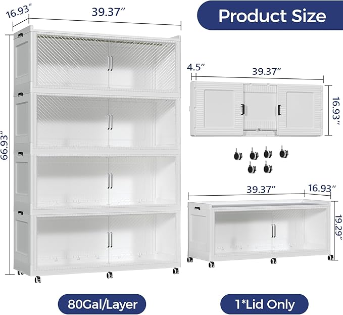 320GAL Extra Large Storage Bins with Lid, 1280QT Collapsible Organizer with Wheels, Stackable Closet Cabinet with Doors, Folding Storage Containers for Home, Office, Dorm, 4Pack White