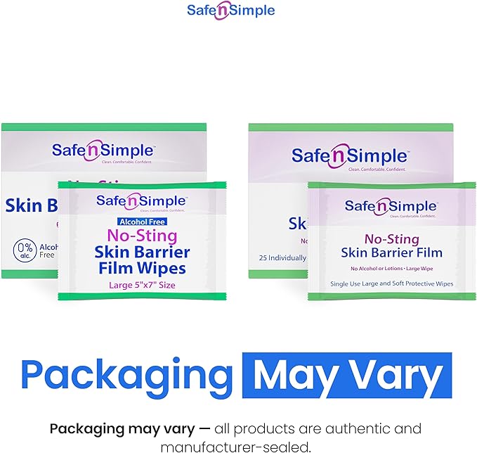 Safe n' Simple Skin Barrier Wipes - 25 Large 5” x 7” Individually Wrapped No-Sting Barrier Film - Skin Prep Protective Wipes - Medical Bandage Barrier Film for Skin