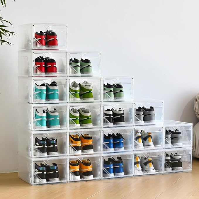 Modular XX-Large Shoe Organizer,Shoe Storage Organizer,10 Pack Shoe Box Clear Plastic Stackable,Drop Front Shoe Box with magnetic Door, Containers For Sneaker,Fit up to US Size 15