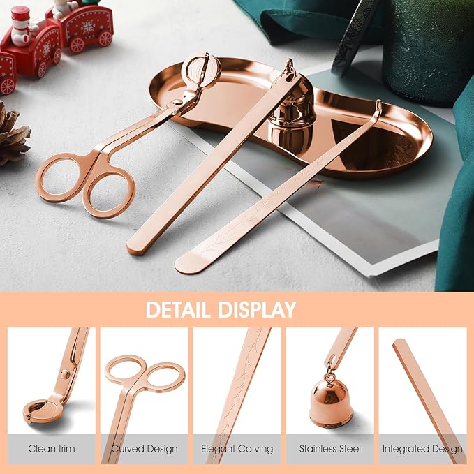 PATOISE 4 in 1 Candle Accessory Set, Candle Wick Trimmer Cutter Mini, Candle Snuffer, Candle Wick Dipper, Tray Holder in Gift Package for Candle Aromatherapy Lovers(4PCS Rose Gold)