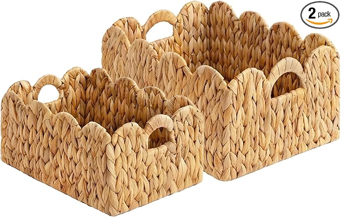Set of 2 Scalloped Edge Wicker Storage Basket with Built-in Handles, Rectangle Water Hyacinth Basket for Organizing, Decorative Woven Rattan Basket for Shelf, Nursery Room