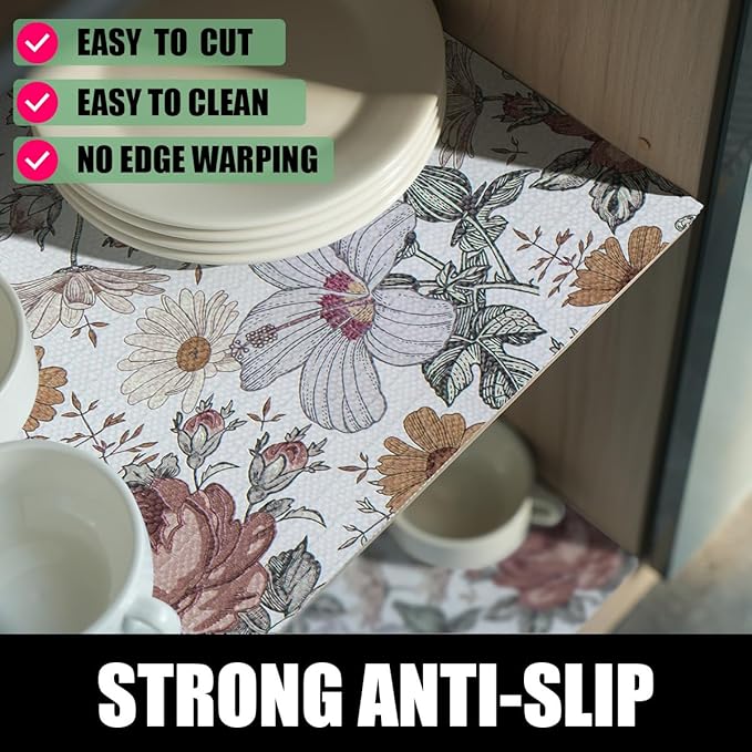 Floral Drawer Shelf Liners, 12IN x 20FT Non Adhesive and Strong Non-Slip Cabinet Drawer Shelf Liners for Kitchen Wire Fridge, Waterproof Shelf Liner,Easy to Clean